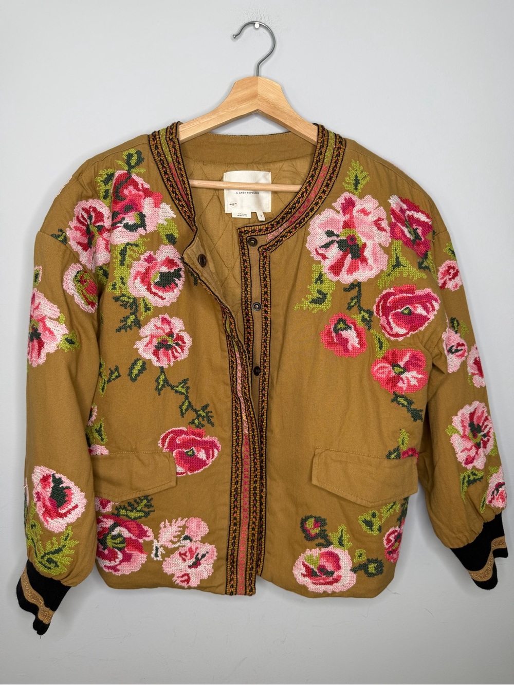 Women’s Anthropologie needlepoint bomber jacket coat floral embroidered jacket